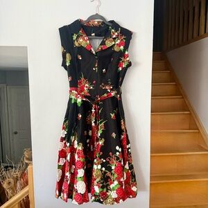 EUC Hearts & Roses London Black Floral 50s Rockabilly Swing Dress - UK 12 / US 8
